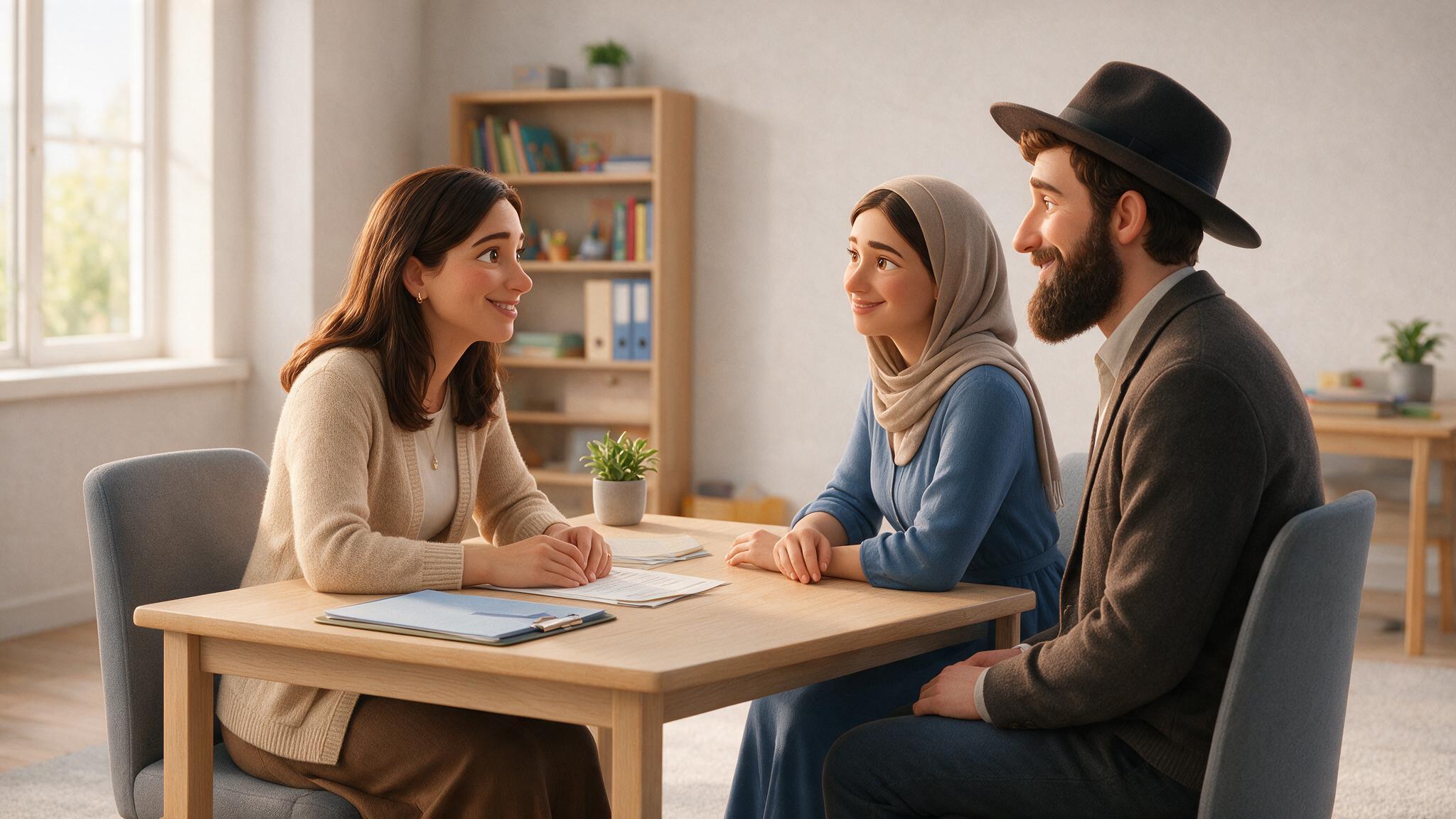Illustration: Beratungsgespräch mit Eltern an einem Tisch