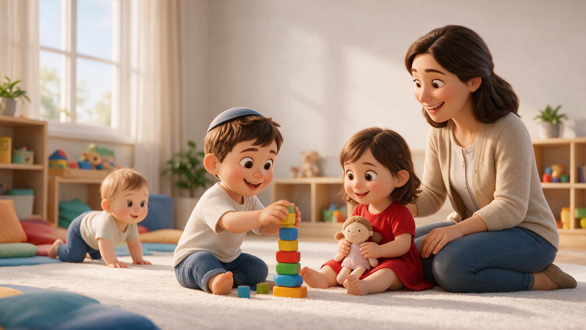 Illustration: Spielgruppe mit Kleinkindern und einer Betreuerin