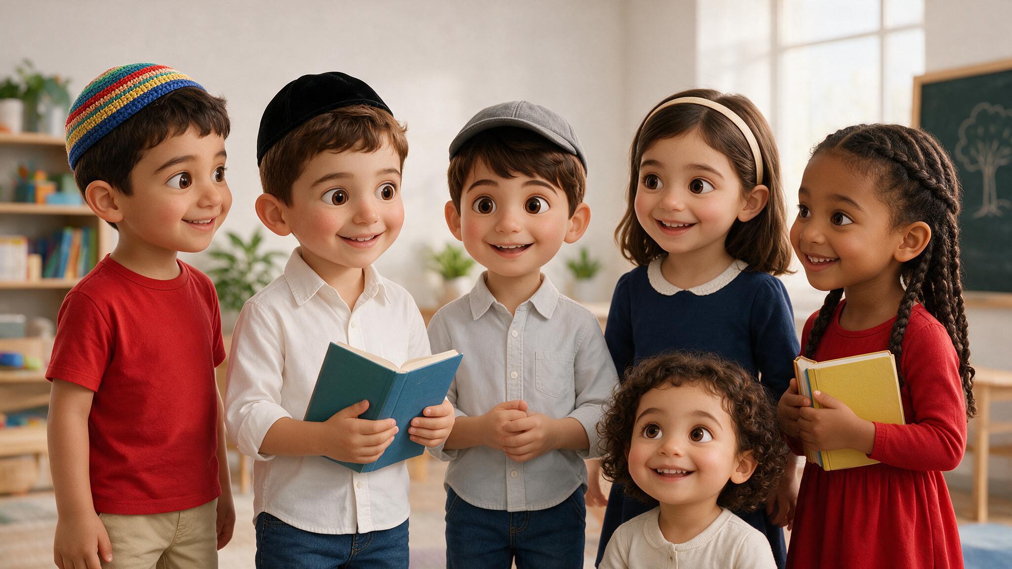 Sechs Kinder der Etz Chaim Schule — Mädchen und Knaben aus verschiedenen jüdischen Strömungen