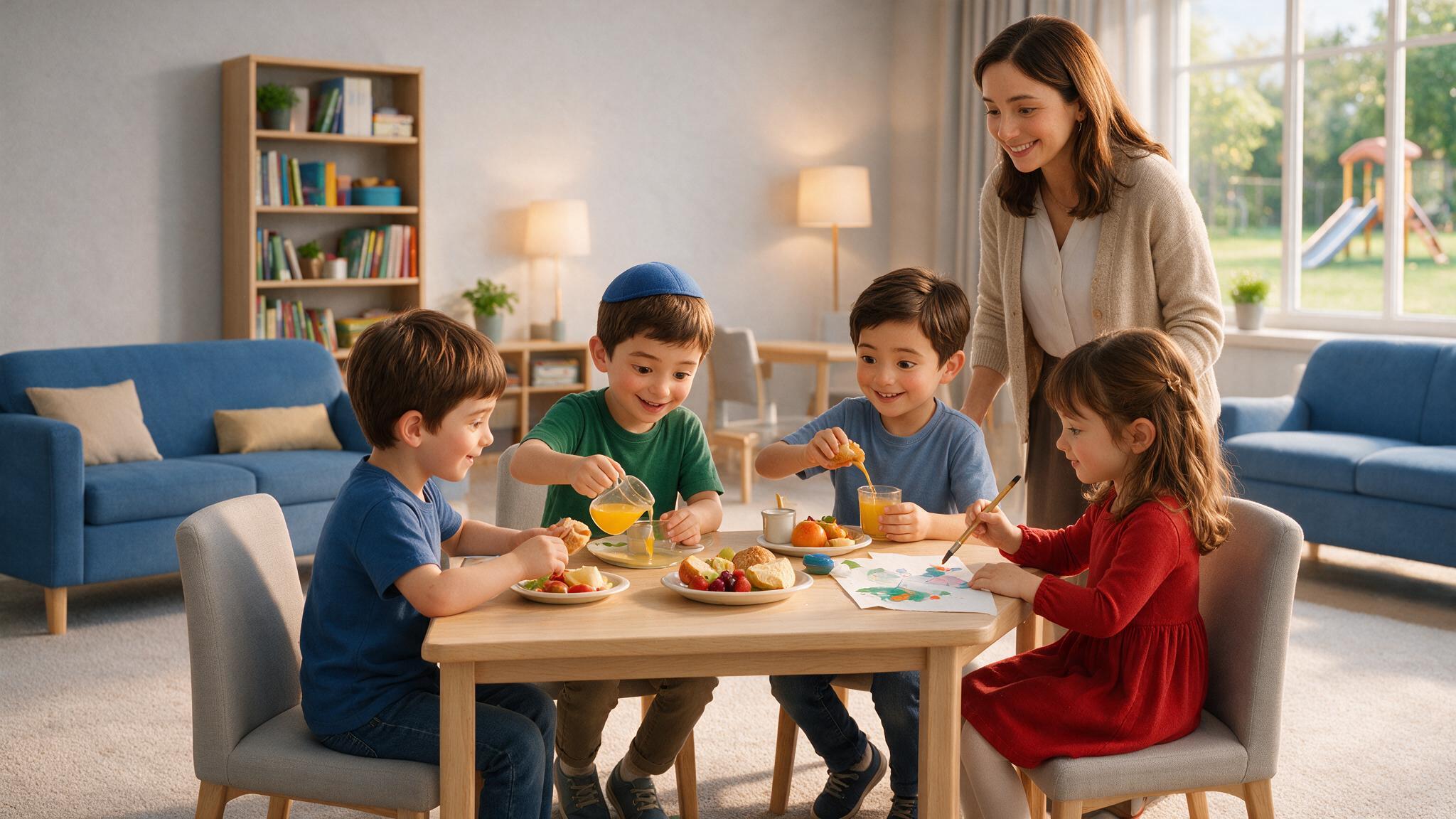 Kinder beim gemeinsamen Zvieri im Hort, begleitet von einer Betreuerin