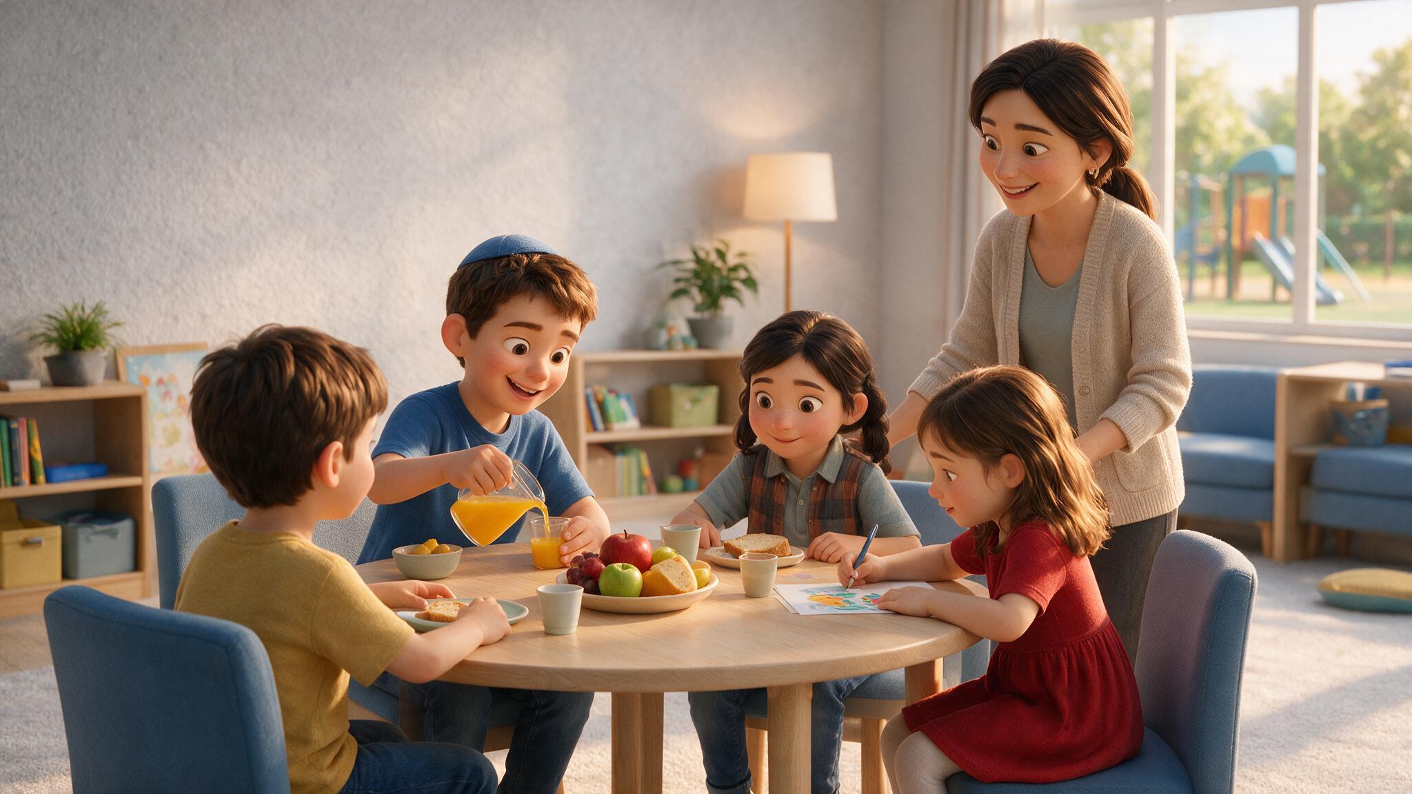 Illustration: Kinder beim Zvieri mit einer Betreuerin