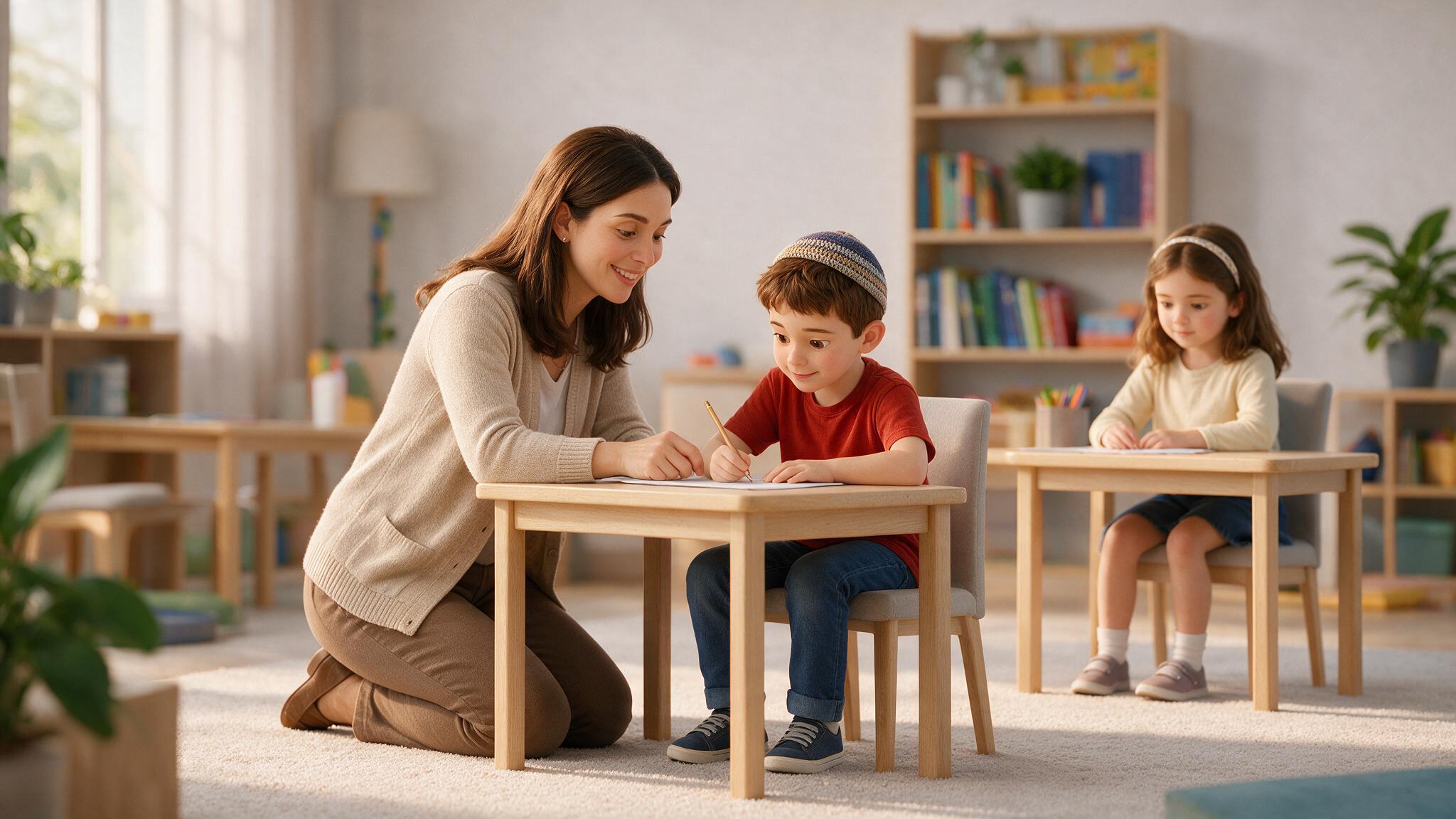 Illustration: eine Lehrperson begleitet einen Jungen und ein Mädchen bei der Arbeit am Tisch