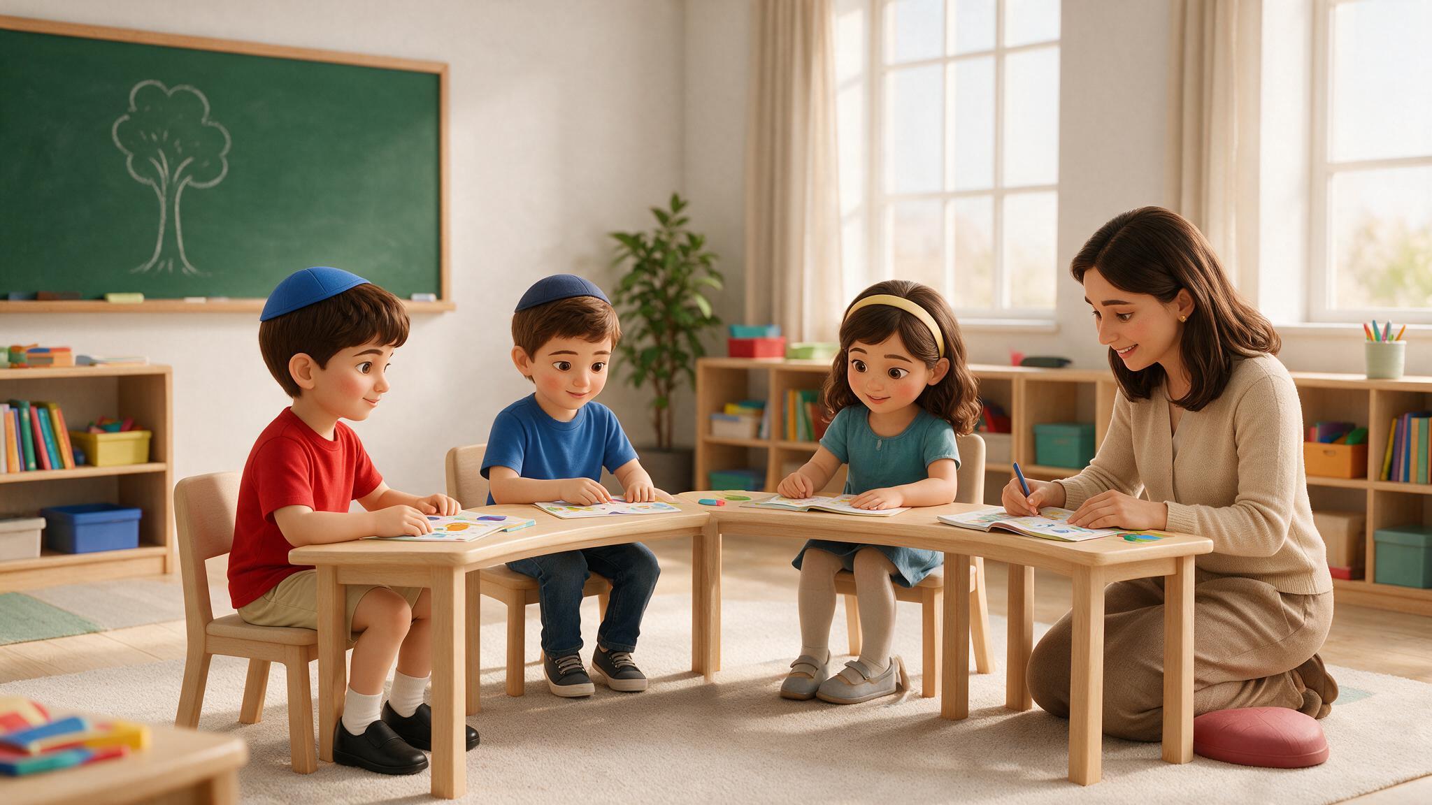 Illustration: Lehrerin unterrichtet drei Kinder in einer kleinen Gruppe